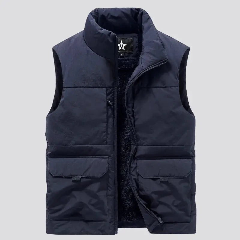 Men's navy quilted fleece-lined sleeveless vest with front pockets by Simples Market, size 6XL