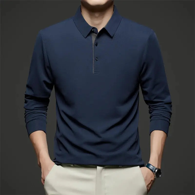 Men's navy blue solid-color long-sleeve polo shirt for business casual wear