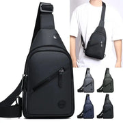 Lightweight men's chest bag by Simples Market; black nylon crossbody sling with diagonal zip pocket, five color variants.
