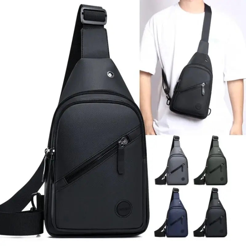 Lightweight men's chest bag by Simples Market; black nylon crossbody sling with diagonal zip pocket, five color variants.