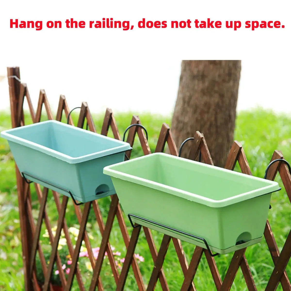 Simples Market 2-piece rectangular plastic balcony planter set with trays and hanging rack, teal and green.