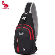 OIWAS crossbody sling bag for men, black with red zipper pockets and gray mesh back, one strap