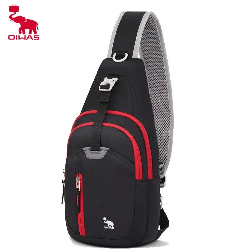 OIWAS crossbody sling bag for men, black with red zipper pockets and gray mesh back, one strap
