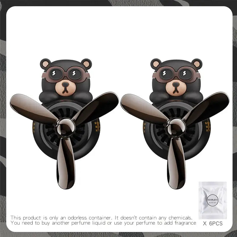 Pair of odorless bear-pilot car air fresheners with three-blade propellers on vent clips