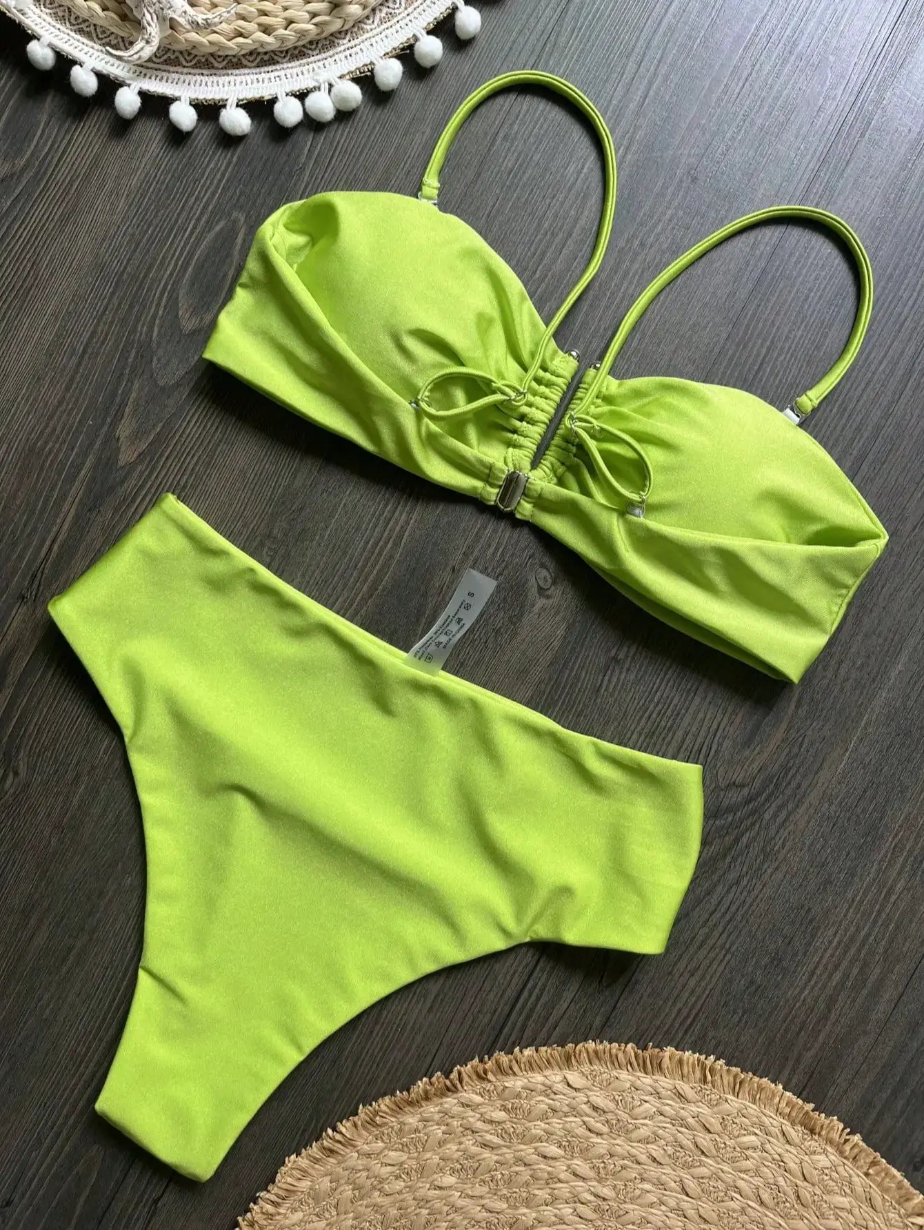 Bandeau bikini set in neon lime with ruched center and matching high-waisted bottoms