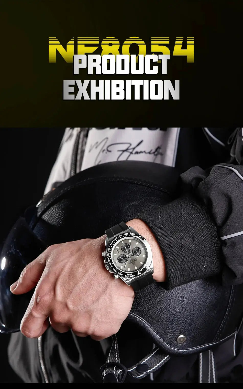 Naviforce men's sports watch with black silicone strap, stainless steel case, chronograph dial and tachymeter bezel