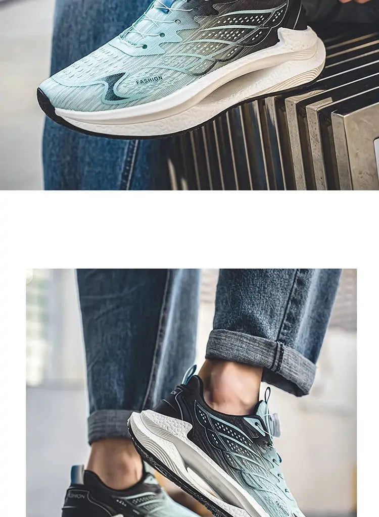 Men's breathable mesh running shoes in teal gradient with white sole and rotating buckle (two shown)
