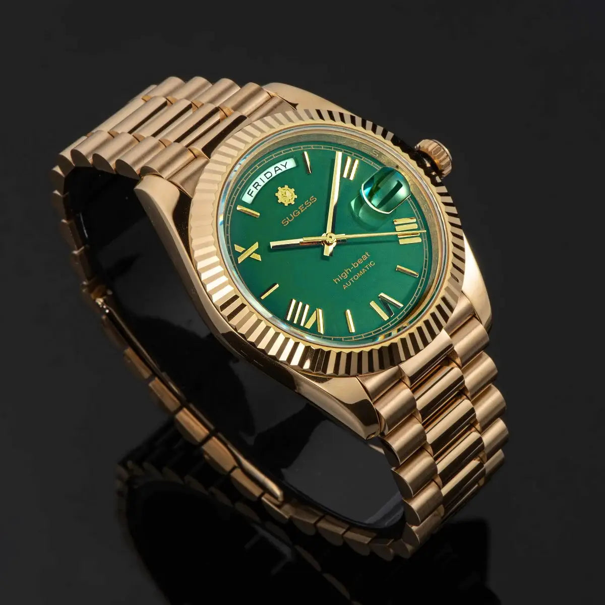 Sugess men's gold-tone wristwatch with green dial, fluted bezel, date and day window, sapphire glass, automatic movement