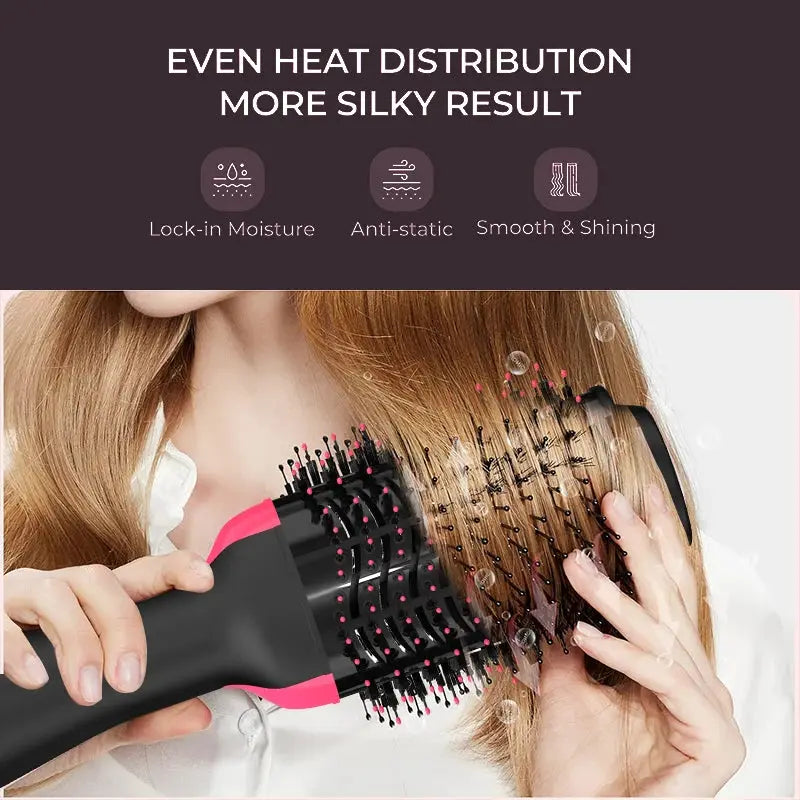LISAPRO 2-in-1 hair dryer and volumizer hot air brush by Simples Market; pink and black styling tool used on blonde hair.