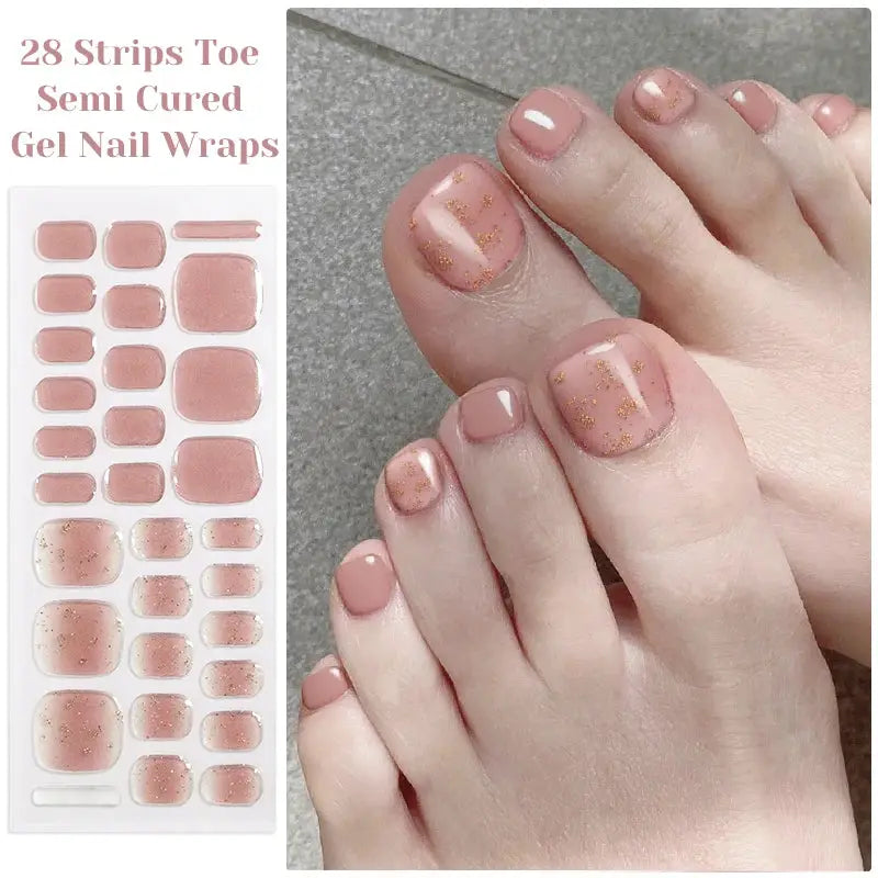 Gradient Auroras semi-cured gel nail strips set by Simples Market, 28 pink wraps with gold glitter for nails and toes