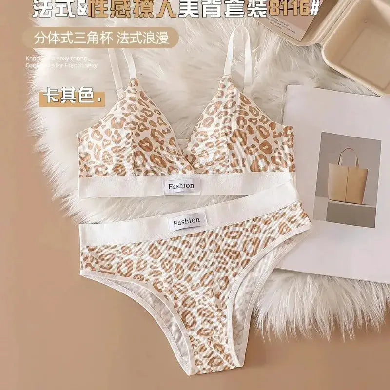 2025 Summer Leopard Print Traceless Steel Rim Bra And Brief Set With Adjustable Shoulder Straps For Women