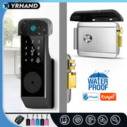 Fingerprint door lock with keypad and fingerprint reader; waterproof, WiFi remote control via Tuya and TTLock app.