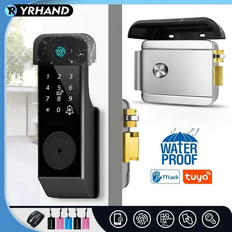 Fingerprint door lock with keypad and fingerprint reader; waterproof, WiFi remote control via Tuya and TTLock app.