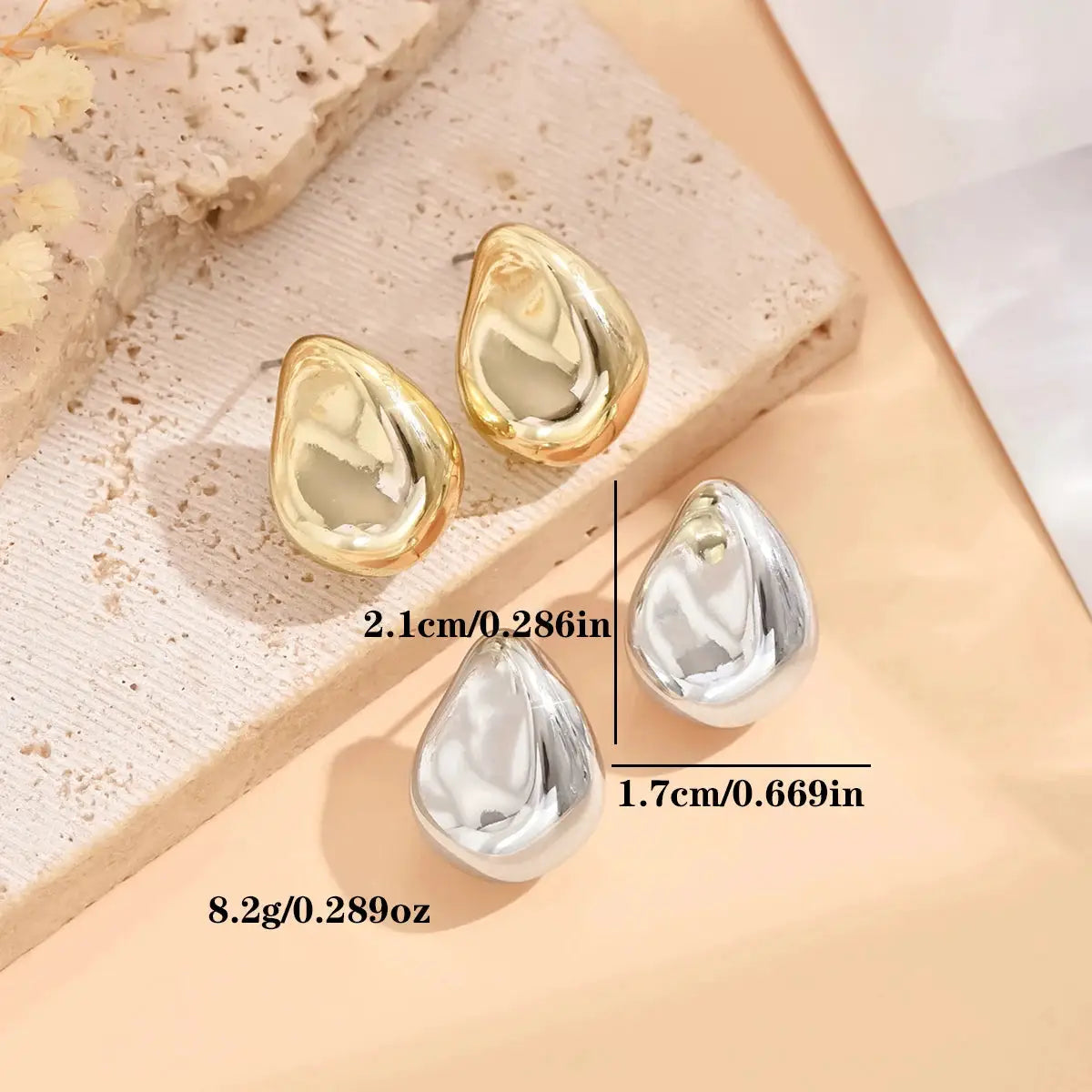 Geometric irregular teardrop stud earrings for women; gold-tone and silver-tone metal, set of four.