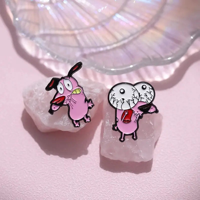 Cartoon Courage The Cowardly Dog Enamel Pin Pink Dog Brooch Lapel Badge Jewelry Gift For Kids And Friends