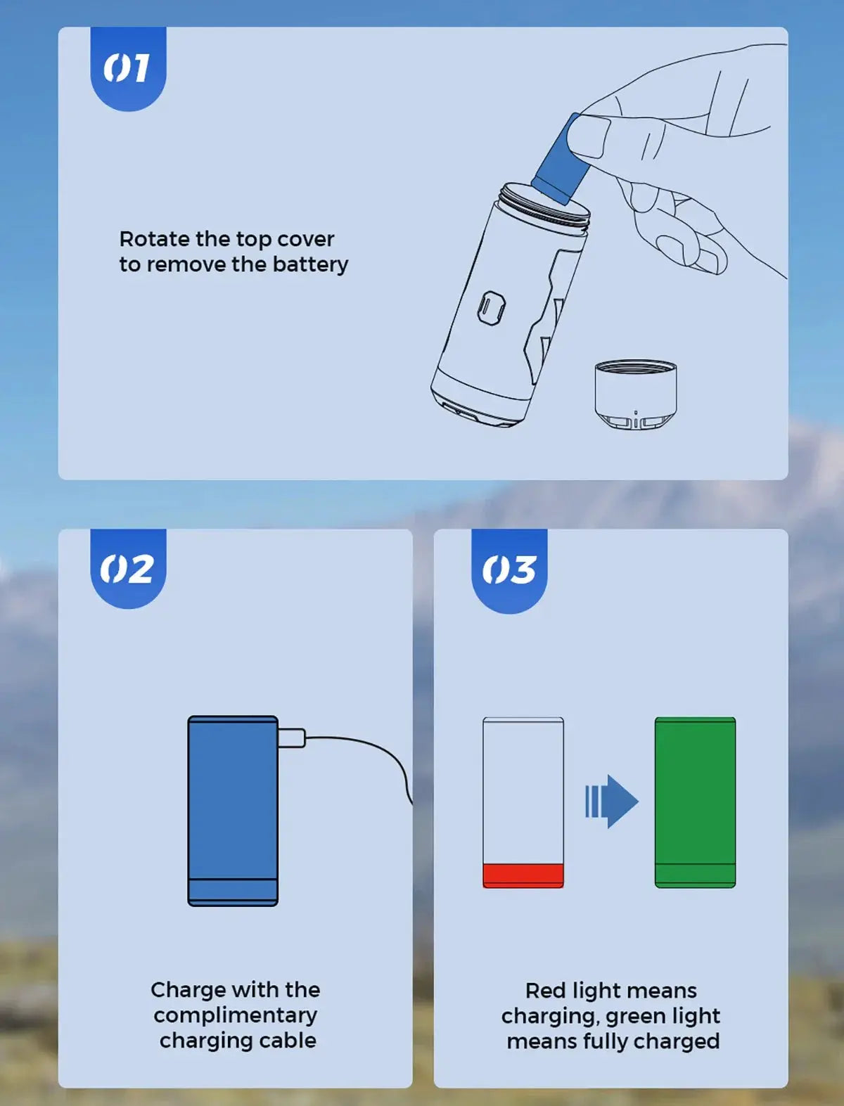 FLEXTAIL ZERO PUMP portable camping air pump by Simples Market; battery removal and charging steps illustrated.