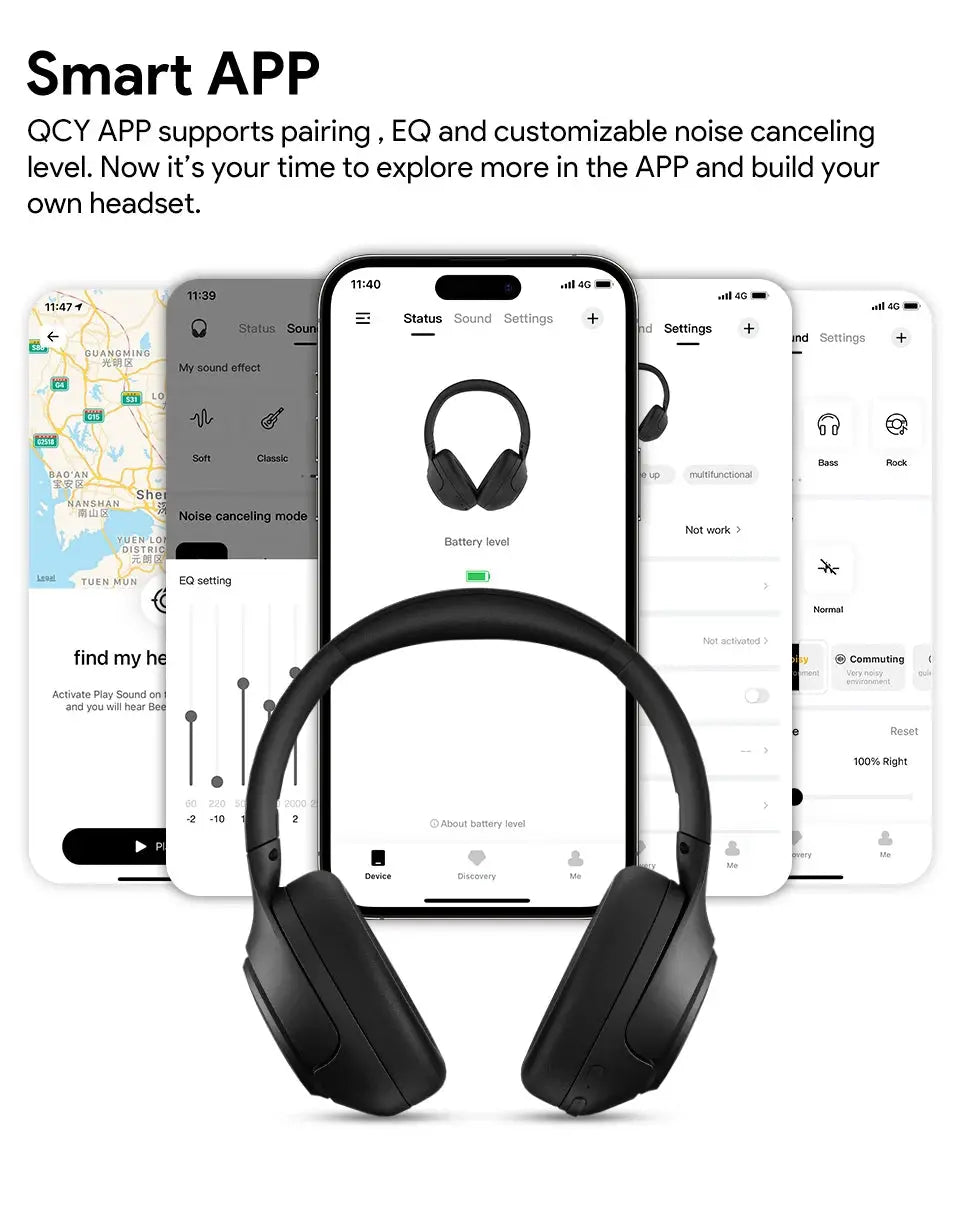 QCY H3 ANC wireless over-ear headphones, black, Bluetooth 5.4, Simples Market; shown with app screens.