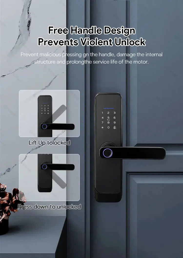 Fingerprint smart door lock with keypad and lever handle, black finish with blue LED ring