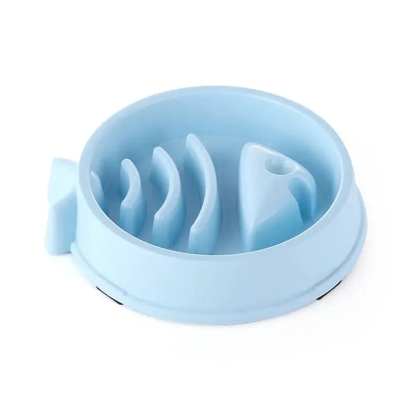 Blue round slow-feed pet bowl for cats and dogs with internal dividers, anti-choke design and non-slip base
