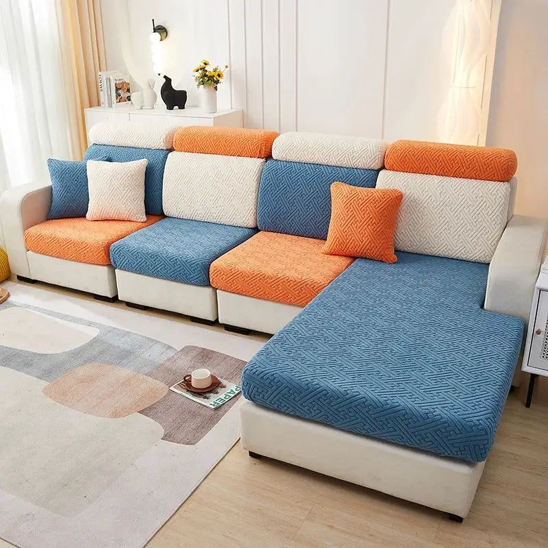 Simples Market jacquard sofa slipcover set for L-shaped sectional; blue and orange cushions