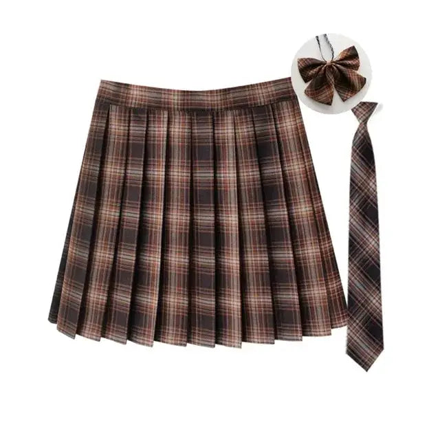 Women's plaid pleated mini skirt with a matching necktie bow in brown tones, school uniform style.