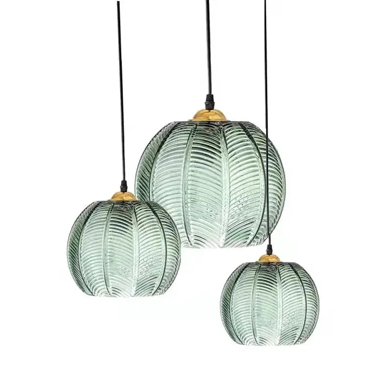 Simples Market Nordic glass pendant light set, green leaf-pattern shades, three hanging fixtures for living/dining rooms