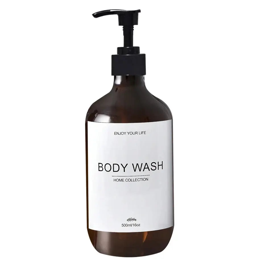 Body wash dispenser bottle, 500ml brown glass with black pump and white label BODY WASH.