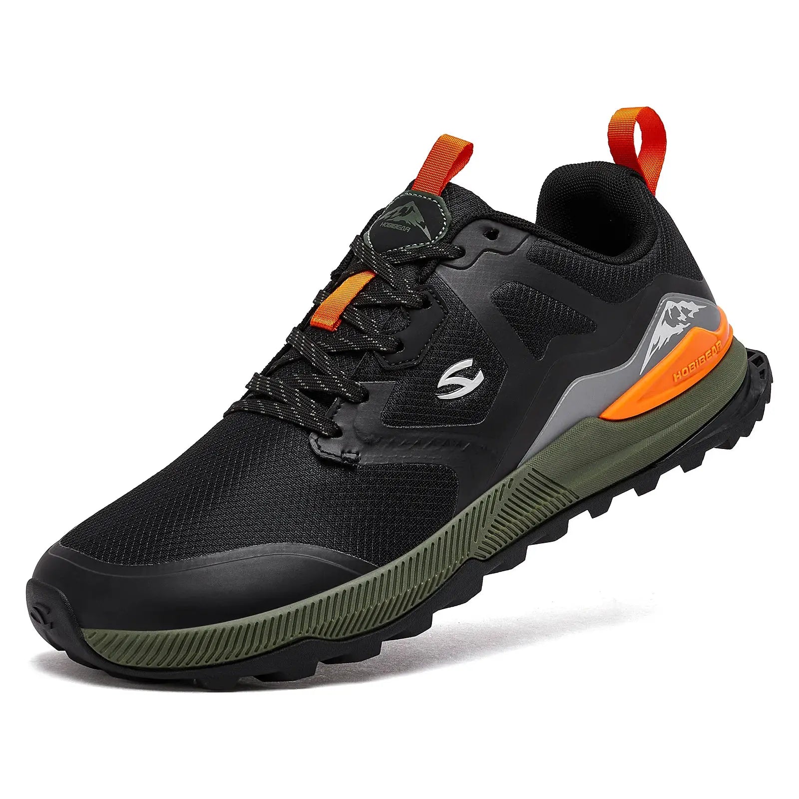 HOBIBEAR unisex hiking shoe in black artificial leather with orange pull tabs and rugged olive-green sole