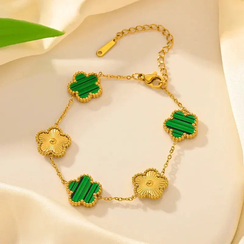 Adjustable Stainless Steel Bracelet Double Sided Five Leaf Clover Petals Gold Plated Women Fashion Jewelry