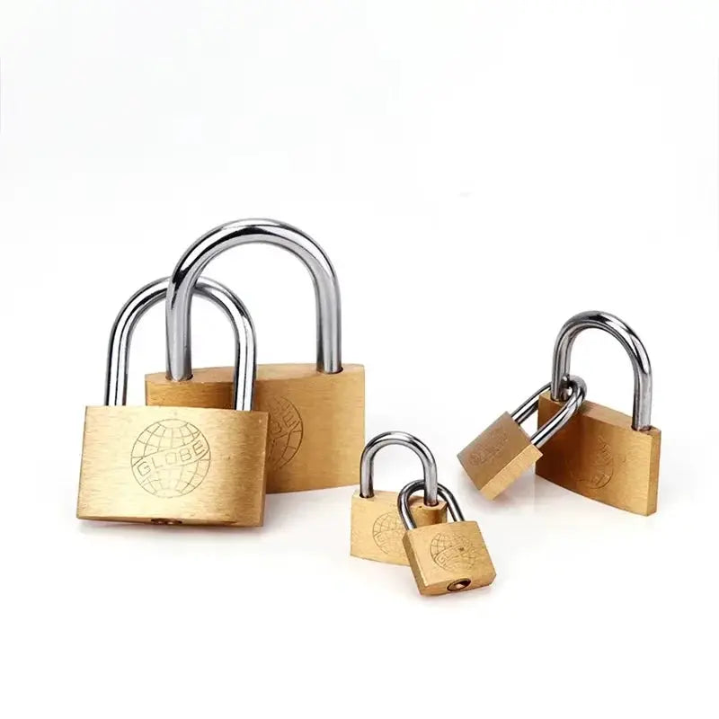 Set of four copper padlocks with silver shackles, includes 3 keys