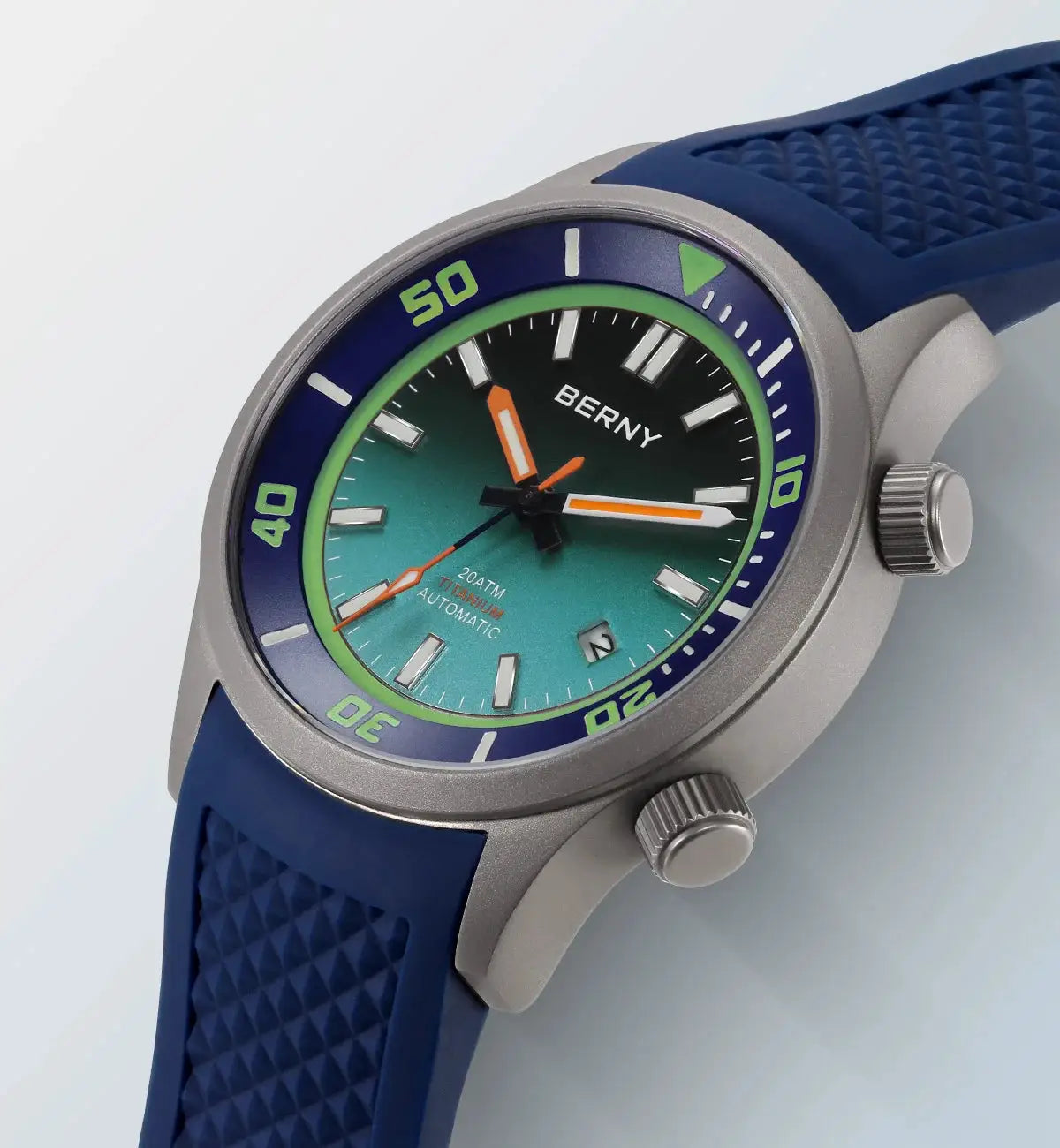 BERNY titanium automatic diver watch for men with blue bezel and teal gradient dial
