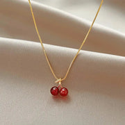 Wine Red Cherry Pendant Necklace For Women With Golden Chain Fashion Jewelry Party Wear Birthday Gift