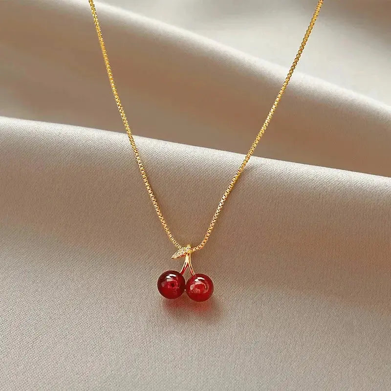 Wine Red Cherry Pendant Necklace For Women With Golden Chain Fashion Jewelry Party Wear Birthday Gift