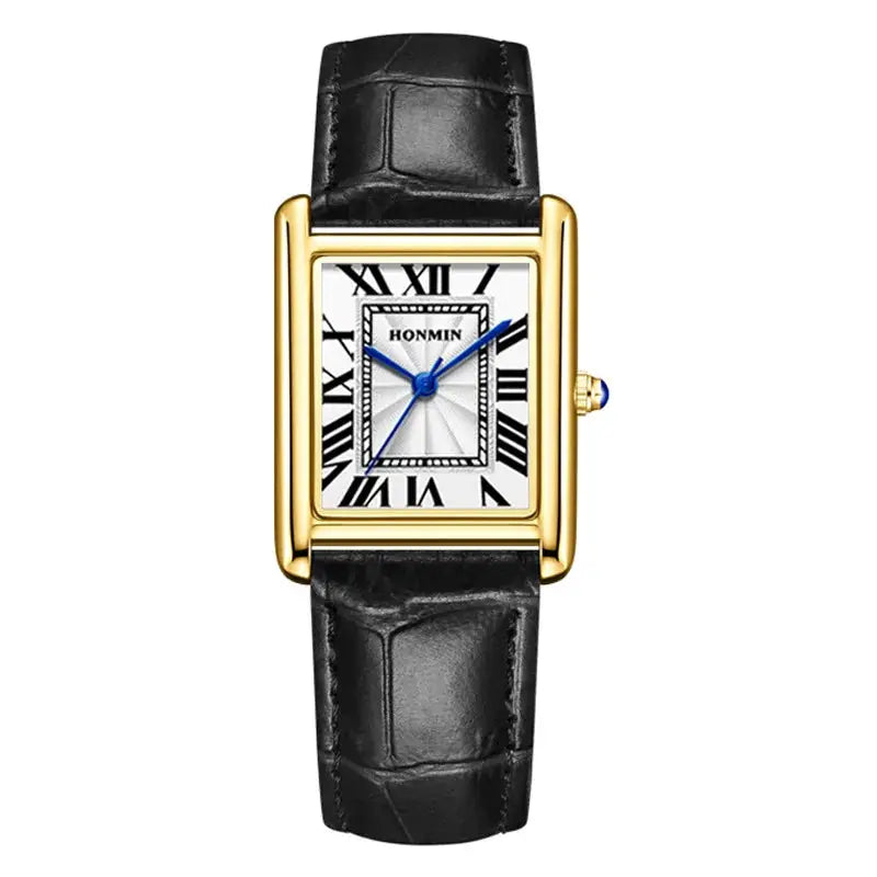 Rectangular gold-tone wristwatch with black leather strap, blue hands and Roman numeral dial