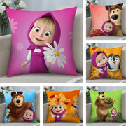 Set of six Masha and the Bear pillow covers in plush fabric with double-sided prints in pink, blue, orange, and green