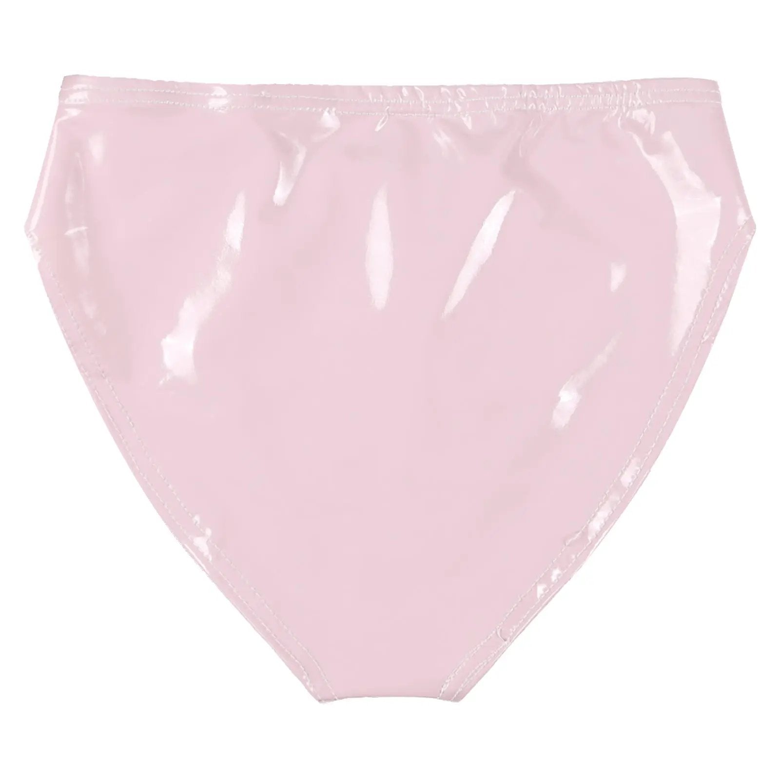 Womens pink wet-look patent leather briefs; low-waist glossy underwear for clubwear
