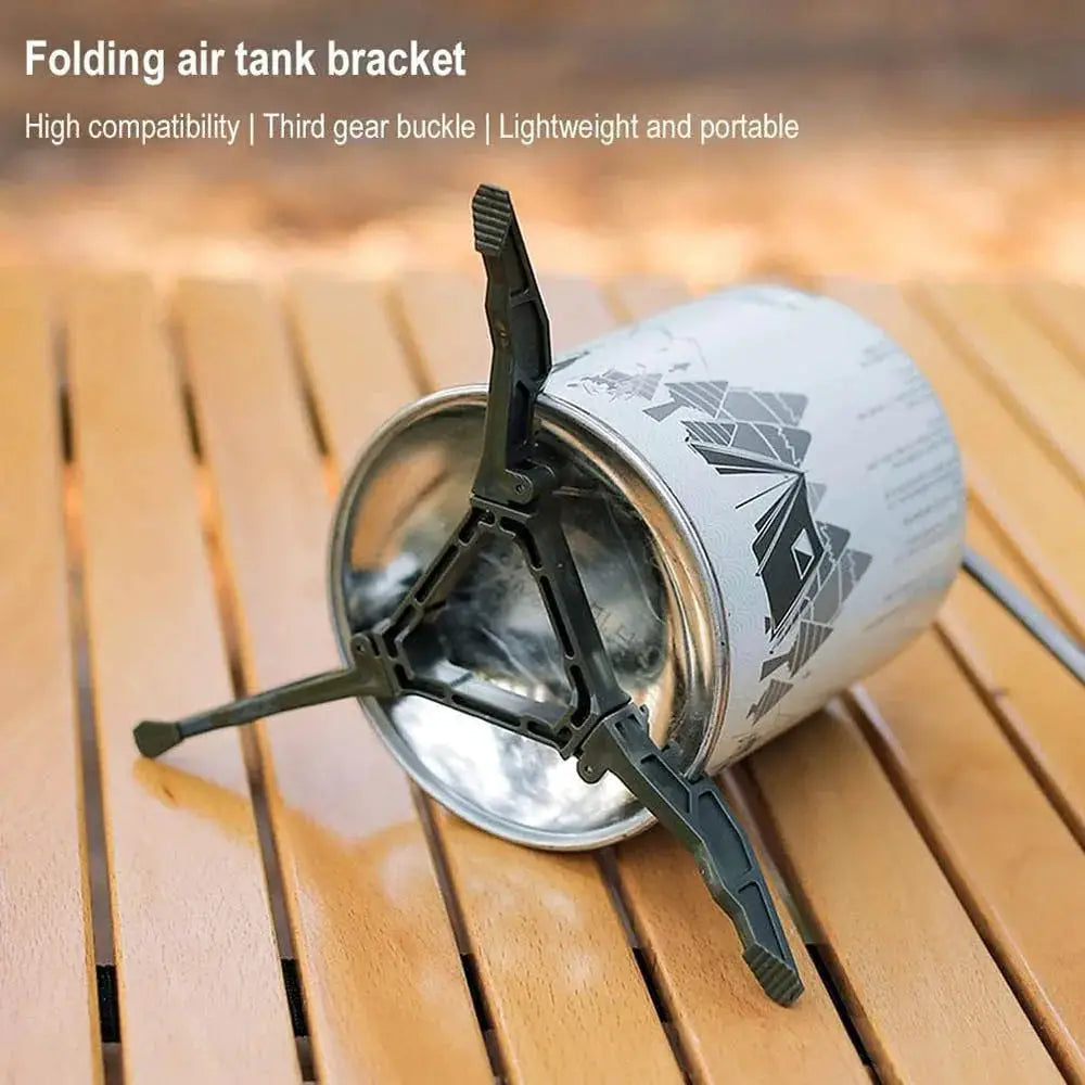 Gas tank bracket foldable tripod, dark gray plastic legs supporting a camping fuel can