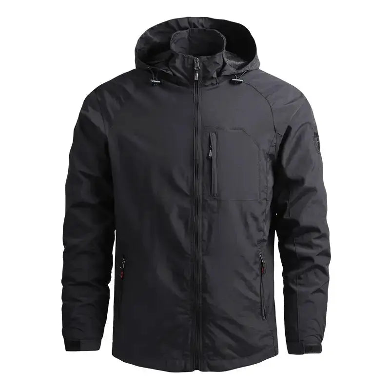 Men's hooded waterproof jacket in black with chest zip pocket and two side zip pockets