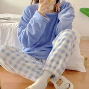 CozyNest Fleece Thick Warm Womens Pajama Set With Solid Top And Plaid Ankle Length Pants