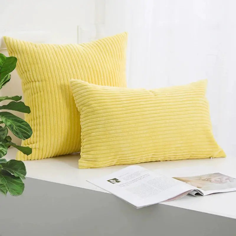 Two yellow corduroy striped cushion covers for living room sofa, soft decorative pillow cases