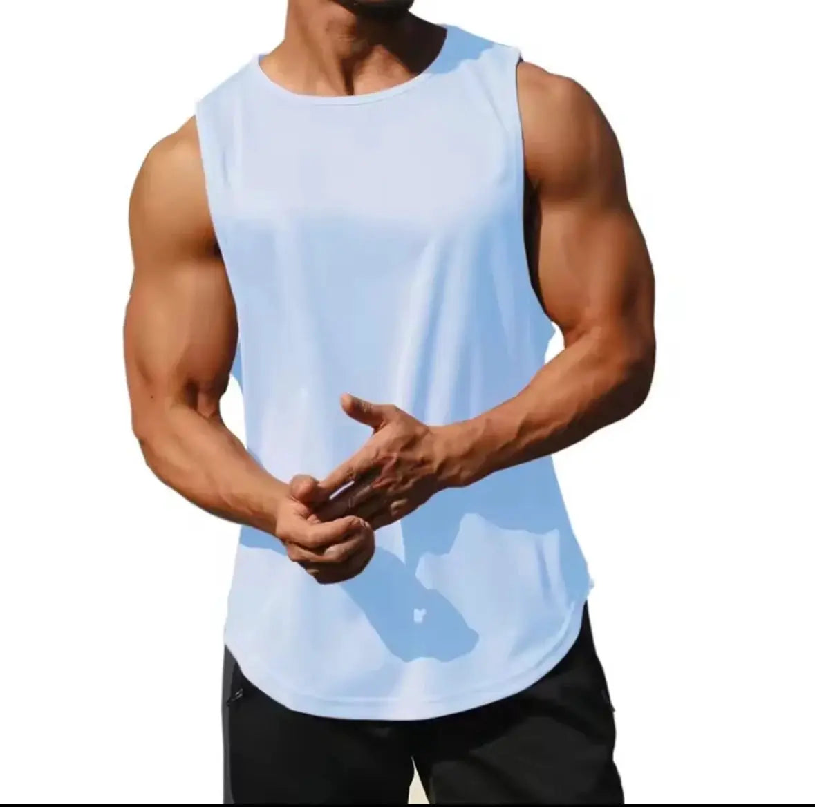 Men's light blue mesh gym tank top, quick-dry sleeveless fitness vest for workouts