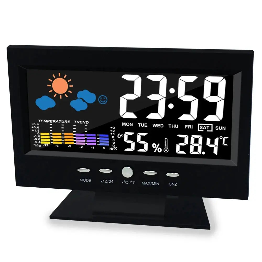 Weather station clock with large digital LCD display, thermometer, humidity, calendar in a black frame.