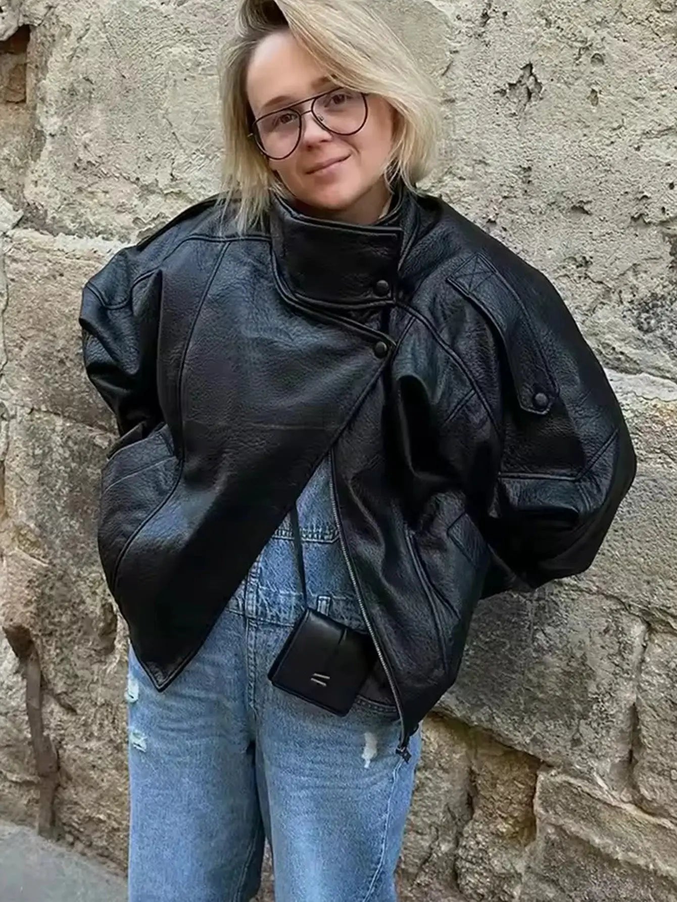 TFMLN Chic Black Faux Leather Jacket Oversized Buttoned Long Sleeve Coat For Women Streetwear Autumn Winter 2025
