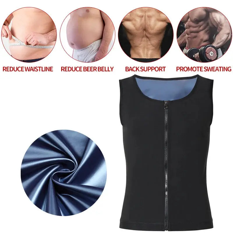 Simples Market men's abdomen shaper vest; black sleeveless waist trainer with front zipper and blue lining.