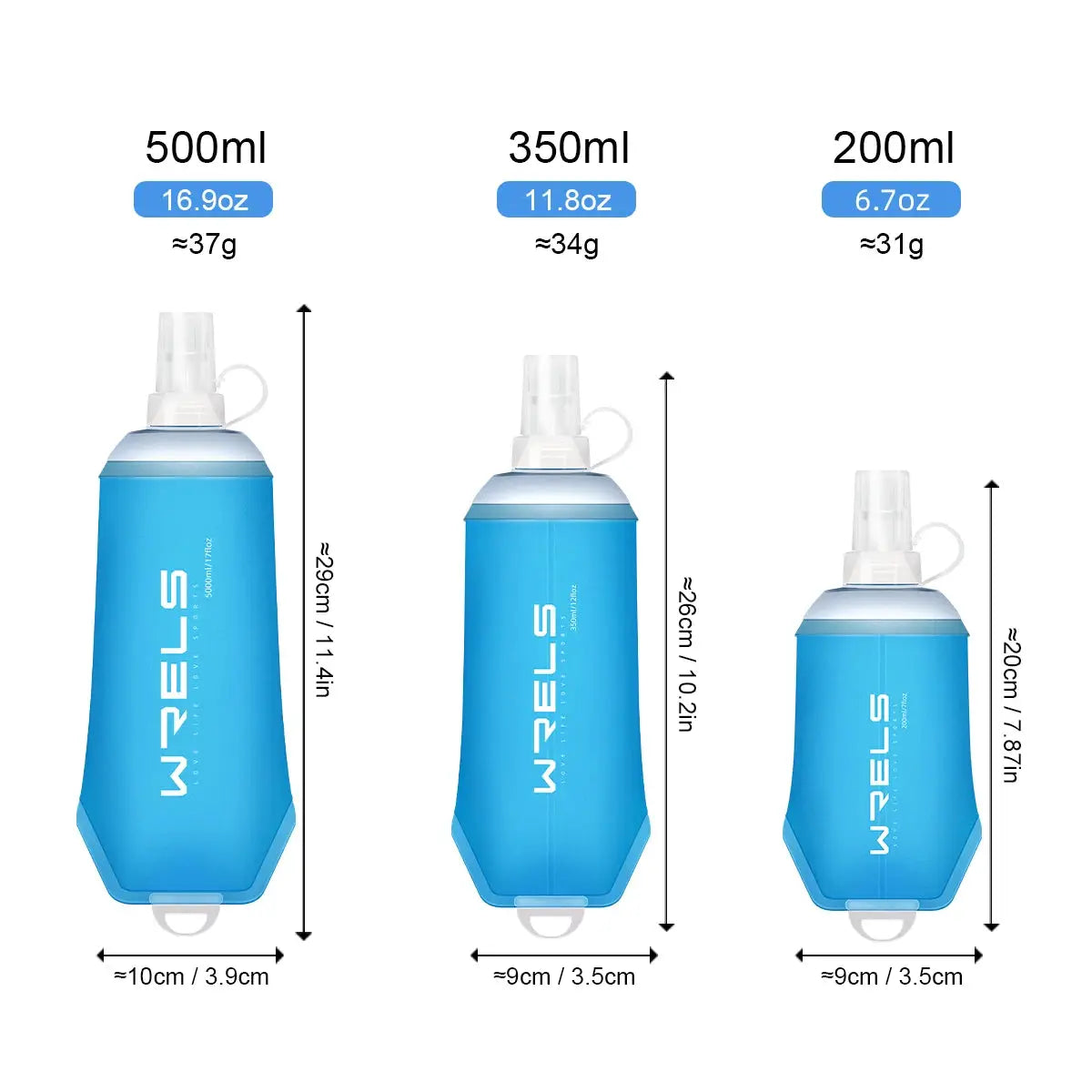 WRELS folding TPU water bottle set of 3 by Simples Market; blue soft flasks in 500ml, 350ml and 200ml sizes