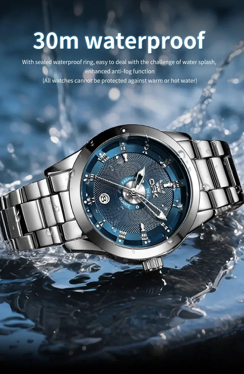 Men's stainless steel watch with blue dial and 30m waterproof