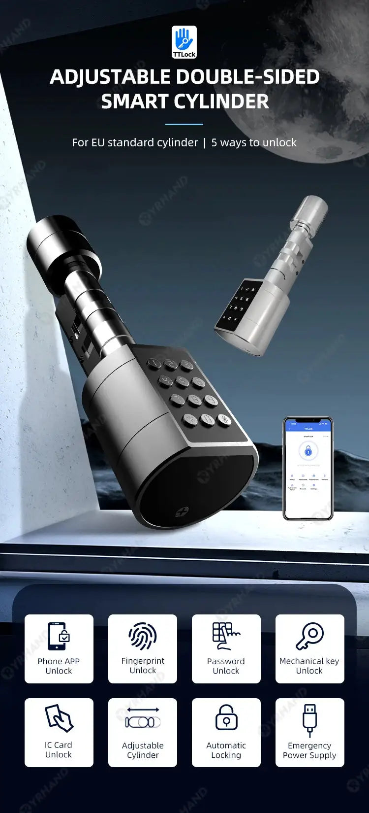Smart Euro Cylindrical Door Lock with TTLock app; keypad entry and adjustable cylinder, Simples Market