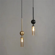 Two Nordic LED pendant lights in gold and black iron with glass cylinder shades