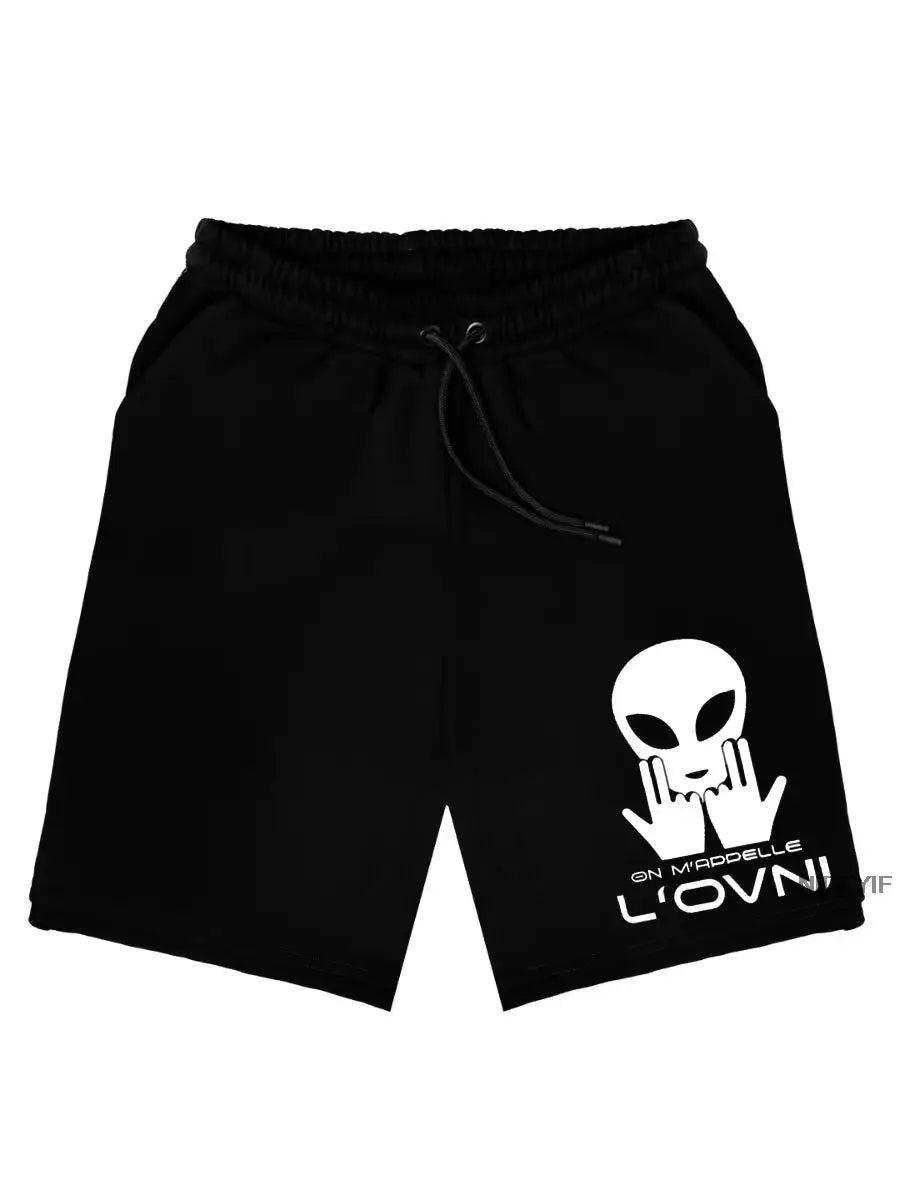 Black cotton shorts with drawstring waist and white alien graphic on front right leg, casual breathable beachwear