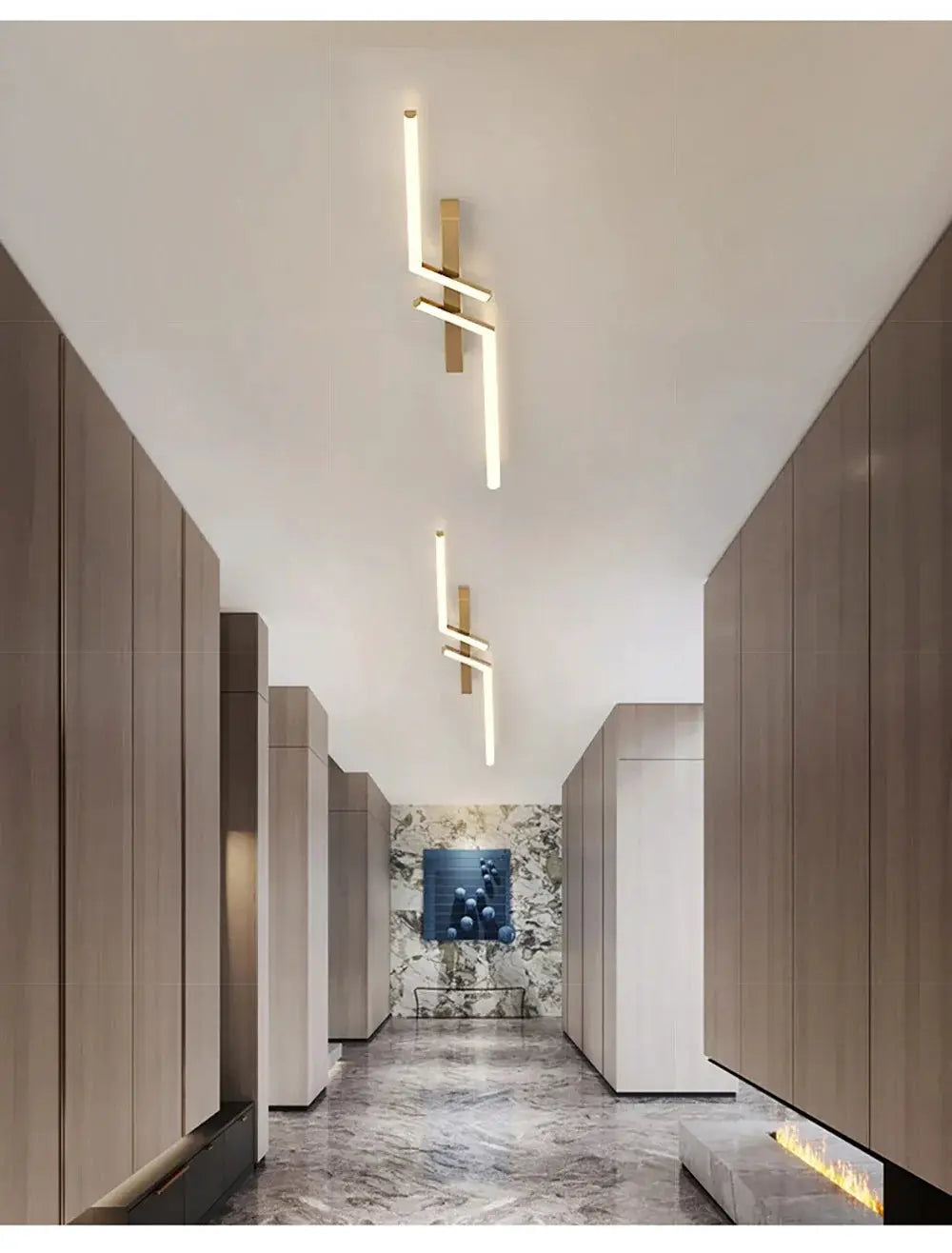 Simples Market modern LED ceiling light with gold finish and simple linear design; two fixtures along hallway ceiling